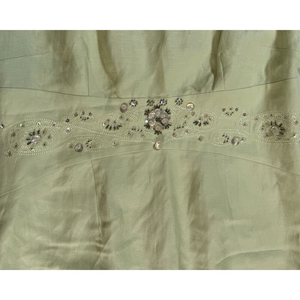 Green Linen Blend Midi Dress Beaded Embroidered Petite Sheath Spring Church 12P - Picture 4 of 5